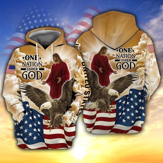 4Th Of July One Nation Under God 3D T Shirt, Independence Day Hawaiian Shirts, Jesu And Eagle 3D Shirts TO0217