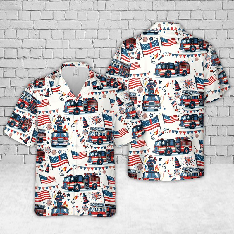 Fire Truck 4th Of July Hawaiian Shirt, Firefighter Hawaiian Shirt, Independence Day Shirt HO5574