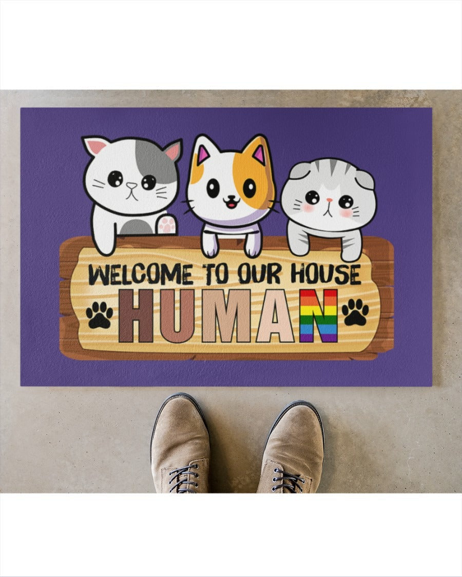 Human Doormat, Welcome To Our House Pride Mat, Lgbt Cat Lover Door Mat, Lesbian Gifts LO1264