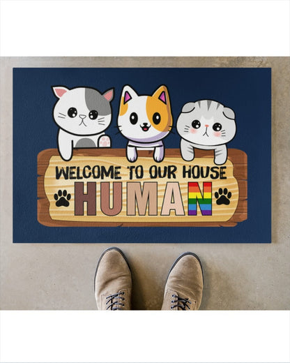 Human Doormat, Welcome To Our House Pride Mat, Lgbt Cat Lover Door Mat, Lesbian Gifts LO1264