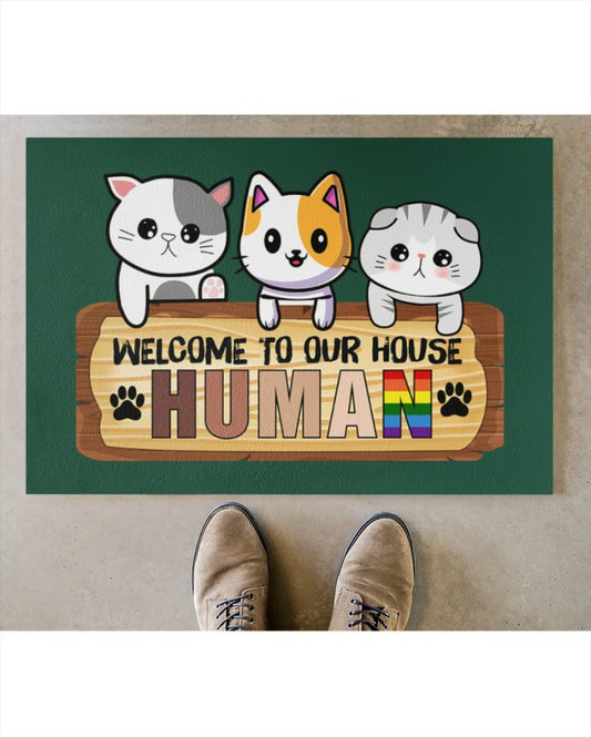 Human Doormat, Welcome To Our House Pride Mat, Lgbt Cat Lover Door Mat, Lesbian Gifts LO1264