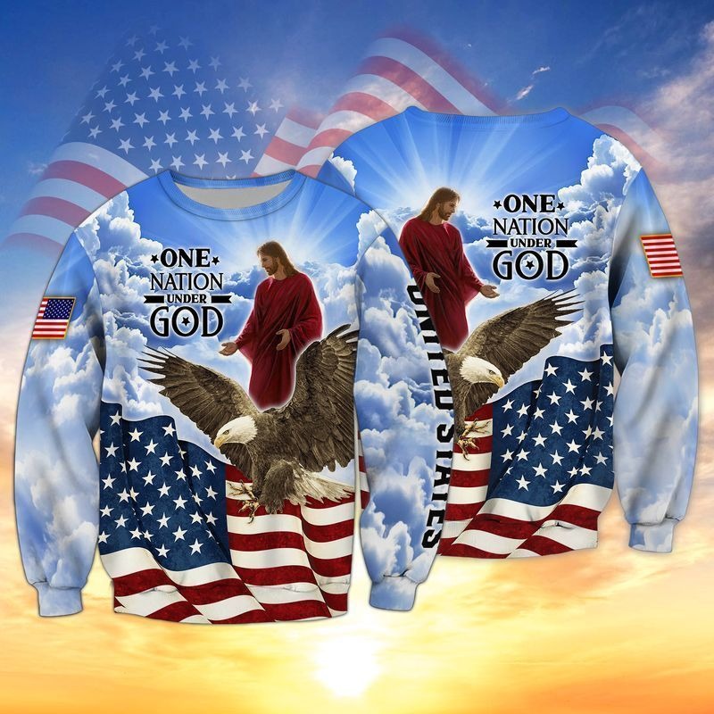 Jesus And Eagle One Nation Under God 3D Full Print Hoodie, 4Th July Independence Day 3D Tee Shirt, Patriotic 3D Bomber TO0211