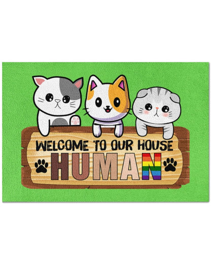 Human Doormat, Welcome To Our House Pride Mat, Lgbt Cat Lover Door Mat, Lesbian Gifts LO1264