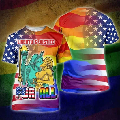 Lgbt Liberty And Justice For All Independence Day 4Th July 3D All Over Printed Shirt, Gay Birthday Gifts LO0867