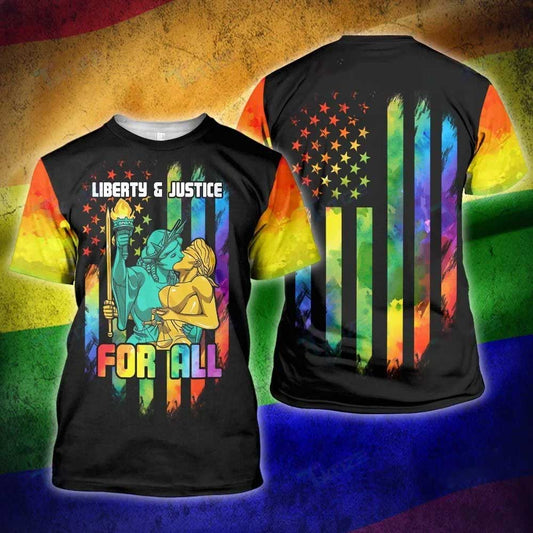 Lgbt Rainbow Liberty And Justice For All 3D All Over Printed Shirt, Gay Pride 3D T Shirt, Gift For Lesbian LO0869