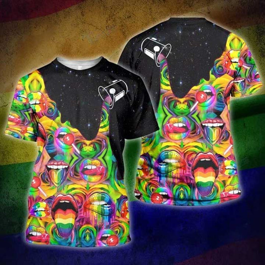 Lgbt Pouring Rainbow Color 3D All Over Printed Shirt, Rainbow Lips 3D T Shirt, Gift For Lesbian, Lesbian 3D Shirt LO0866