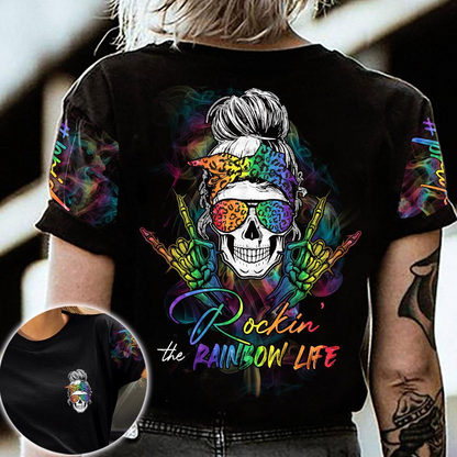 Pride Shirt, LGBT Rockin The Rainbow Life Skull 3D All Over Printed, Tshirt Gift For LGBT LO0704