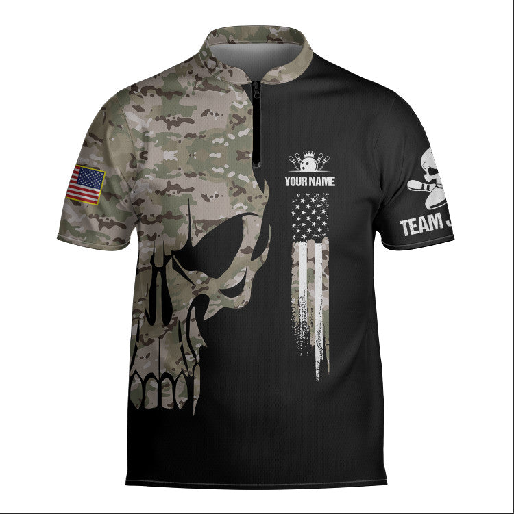 Personalized Skull Camo Flag Bowling Jersey, Gift for Team, Bowling Lovers SO0776