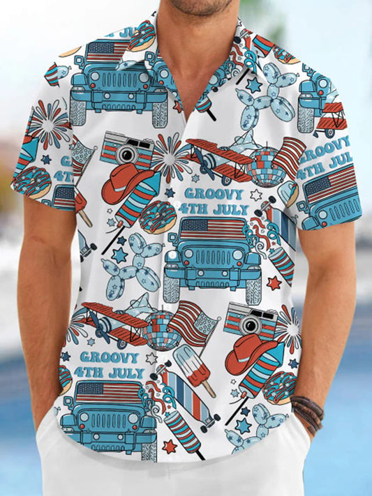 Men's Groovy Fourth Of July Print Short Sleeve Casual Shirt HO3206