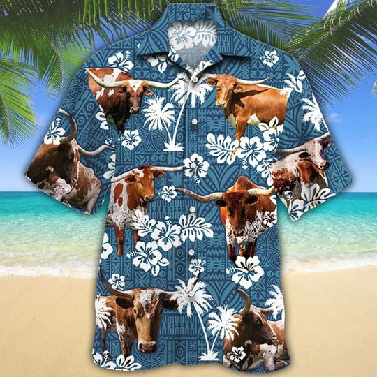 Tx Longhorn Cattle Lovers Blue Tribal Hawaiian Shirt, Unisex Print Aloha Short Sleeve Casual Shirt HO5055