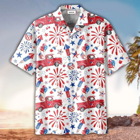 Truck And Firework Pattern Hawaiian Shirt For Men Women - 4th Of July Button Down Aloha Shirt HO1439