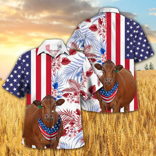 Independence Day Gelbvieh Cattle Art With American Flag Tropical Plant Hawaii Hawaiian Shirt HO0316