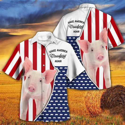 Independence Day Pig Make America Cowboy Again With American Flag Pattern Hawaii Hawaiian Shirt HO3947