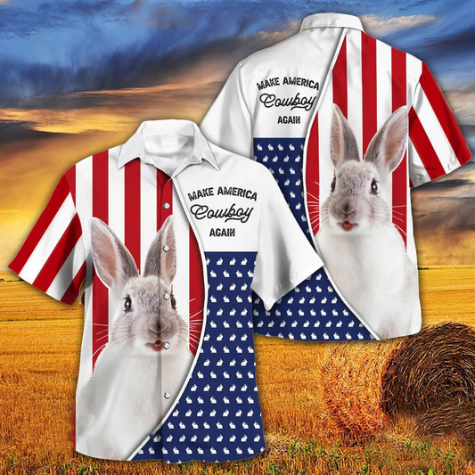 Independence Day Rabbit Make America Cowboy Again With American Flag Pattern Hawaii Hawaiian Shirt HO3948