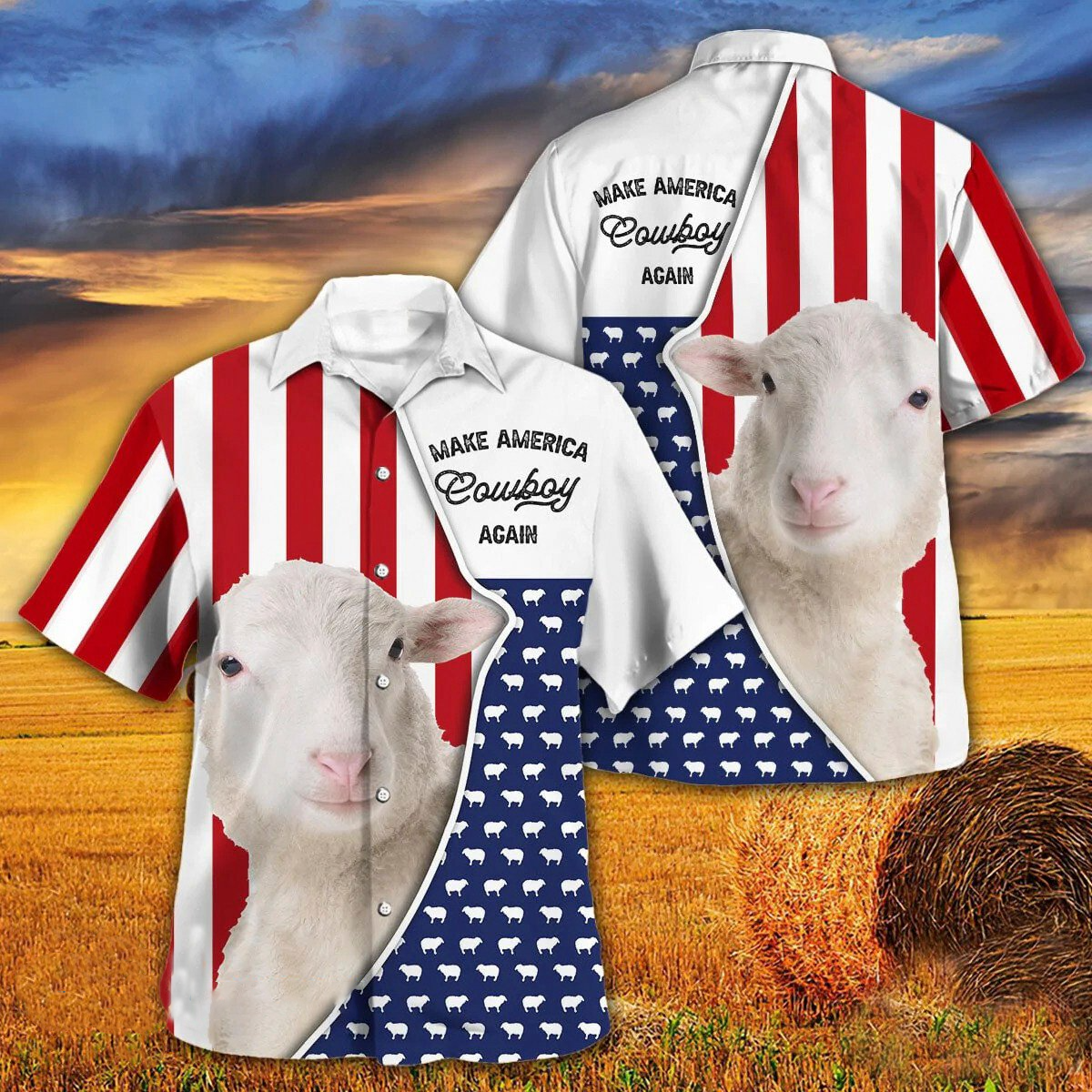 Independence Day Sheep Make America Cowboy Again With American Flag Pattern Hawaii Hawaiian Shirt HO3949