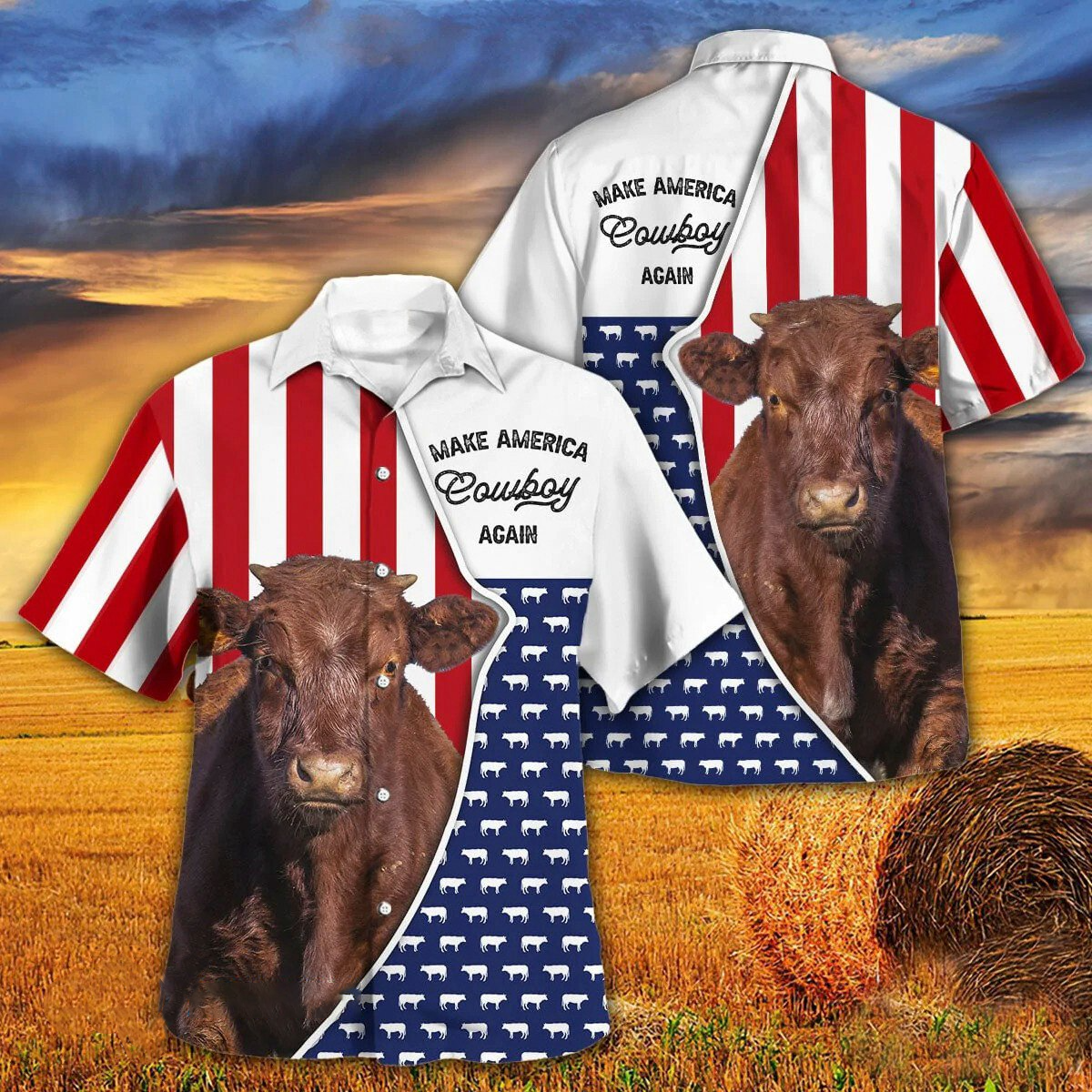 Independence Day Shorthorn Cattle Make America Cowboy Again With American Flag Pattern Hawaii Hawaiian Shirt HO3950