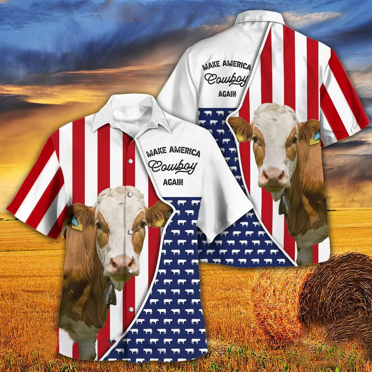 Independence Day Simmental Cattle Make America Cowboy Again With American Flag Pattern Hawaii Hawaiian Shirt HO3951