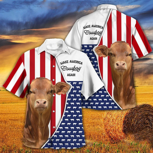 Independence Day Beefmaster Cattle Make America Cowboy Again With American Flag Pattern Hawaii Hawaiian Shirt HO3952