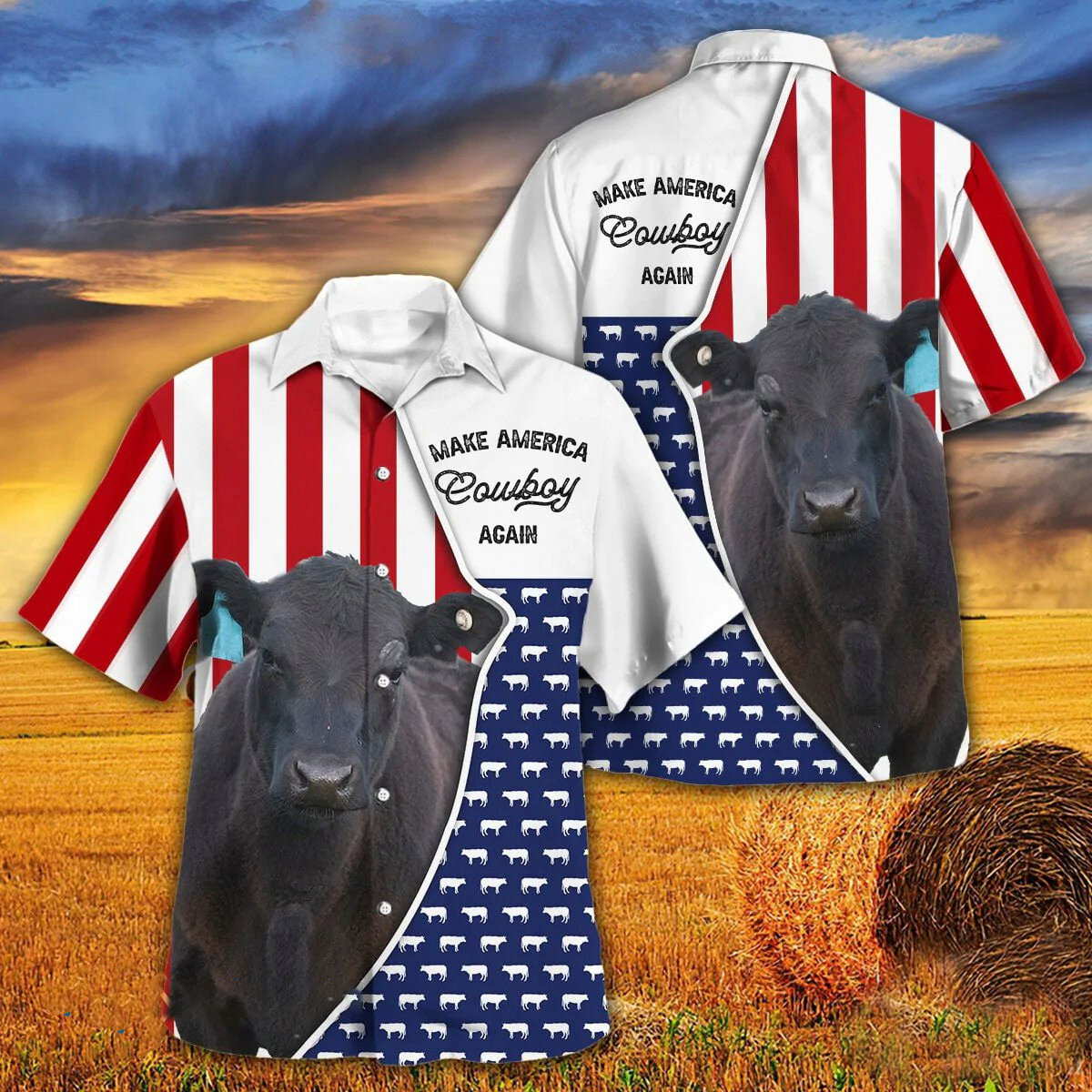 Independence Day Black Angus Cattle Make America Cowboy Again With American Flag Pattern Hawaii Hawaiian Shirt HO3953