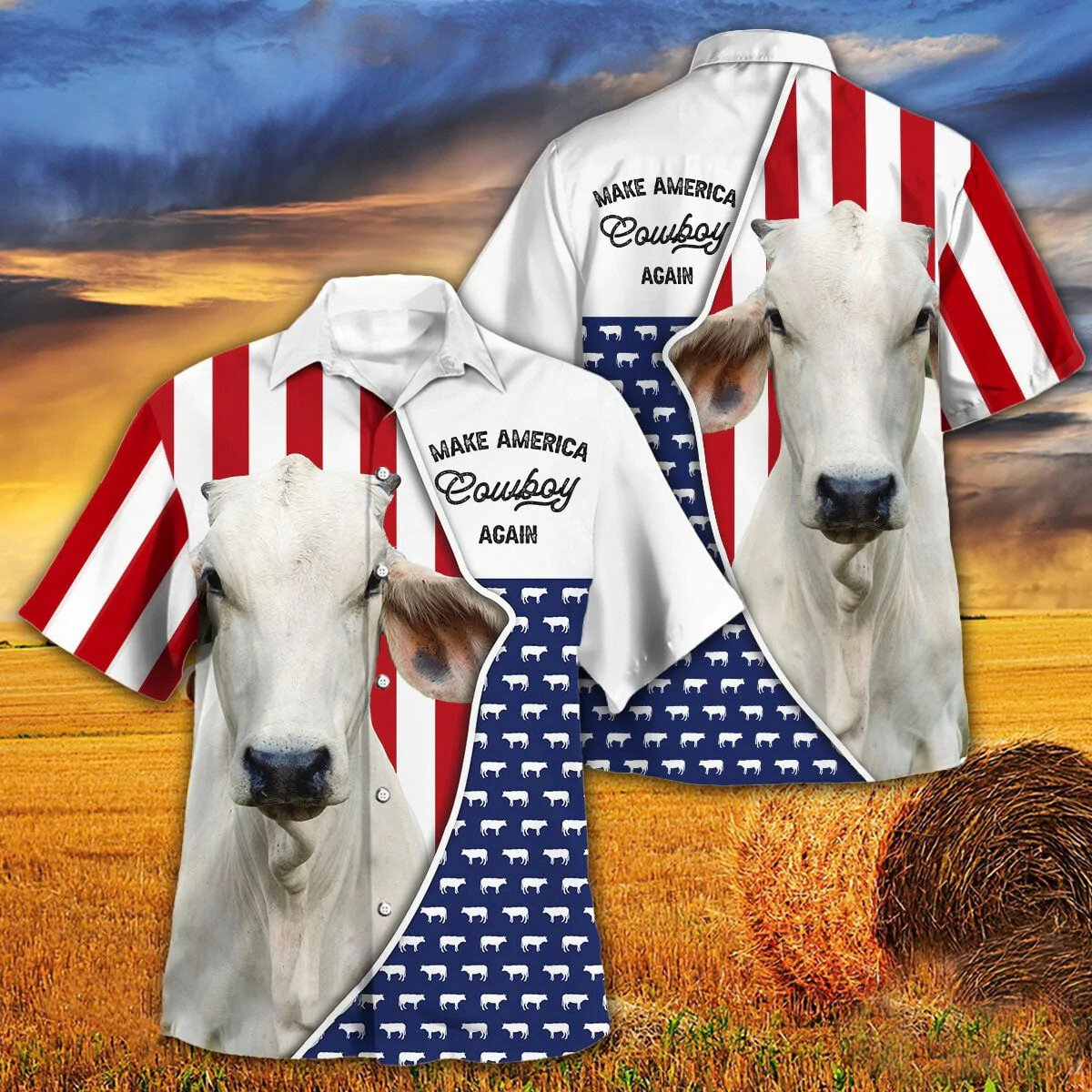 Independence Day Brahman Cattle Make America Cowboy Again With American Flag Pattern Hawaii Hawaiian Shirt HO3954