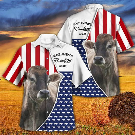 Independence Day Brown Swiss Cattle Make America Cowboy Again With American Flag Pattern Hawaii Hawaiian Shirt HO3955