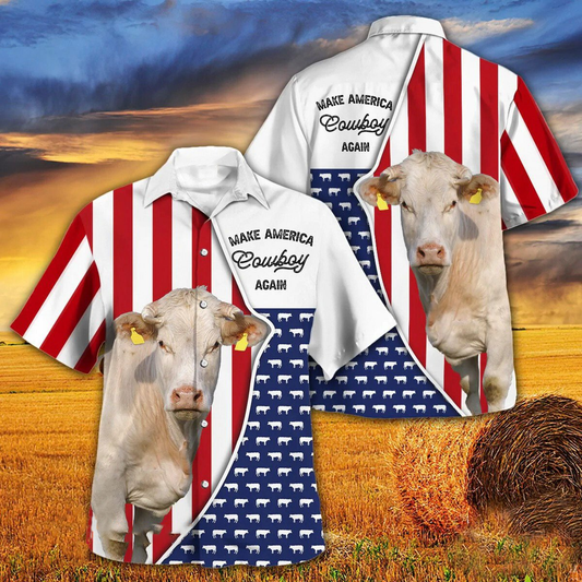 Independence Day Charolais Cattle Make America Cowboy Again With American Flag Pattern Hawaii Hawaiian Shirt HO3956