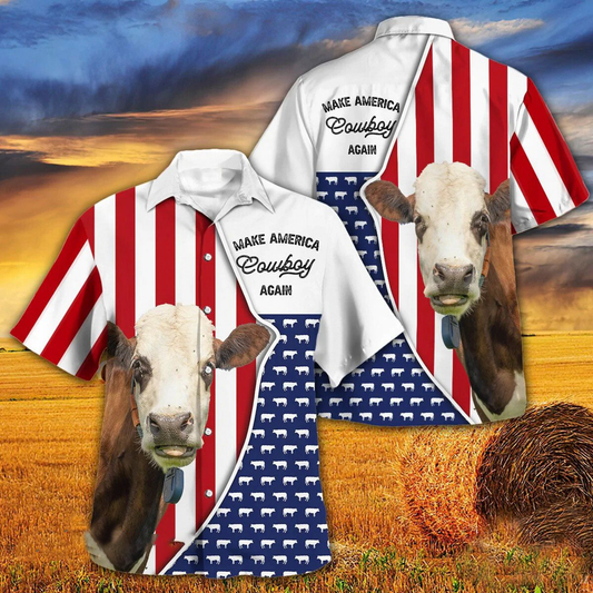 Independence Day Fleckvieh Cattle Make America Cowboy Again With American Flag Pattern Hawaii Hawaiian Shirt HO3957