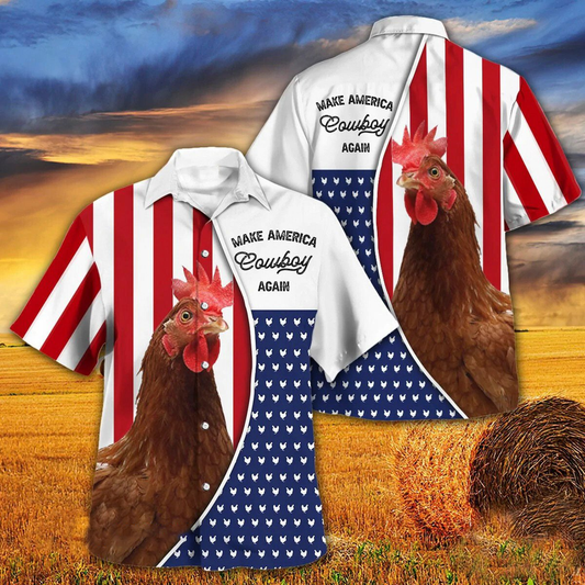 Independence Day Chicken Rooster Make America Cowboy Again With American Flag Pattern Hawaii Hawaiian Shirt HO3958