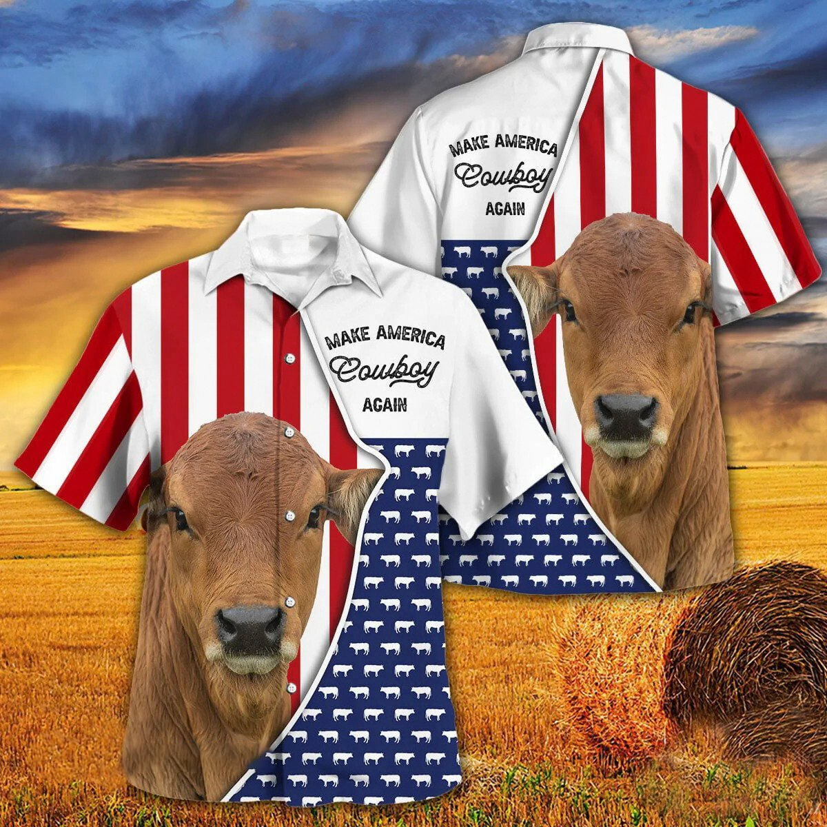 Independence Day Gelbvieh Cattle Make America Cowboy Again With American Flag Pattern Hawaii Hawaiian Shirt HO3959