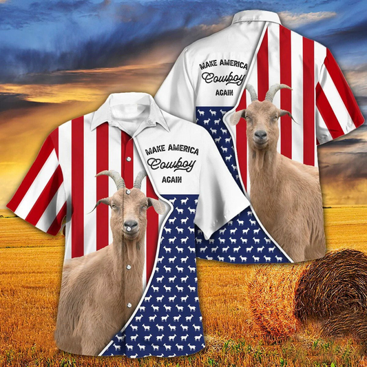 Independence Day Goat Make America Cowboy Again With American Flag Pattern Hawaii Hawaiian Shirt HO3960