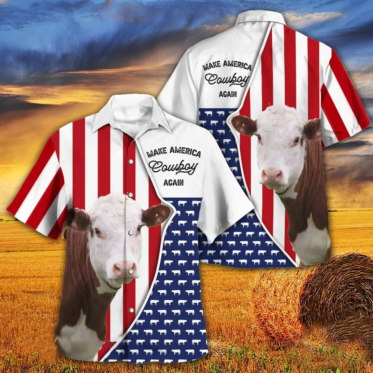 Independence Day Hereford Cattle Make America Cowboy Again With American Flag Pattern Hawaii Hawaiian Shirt HO3961