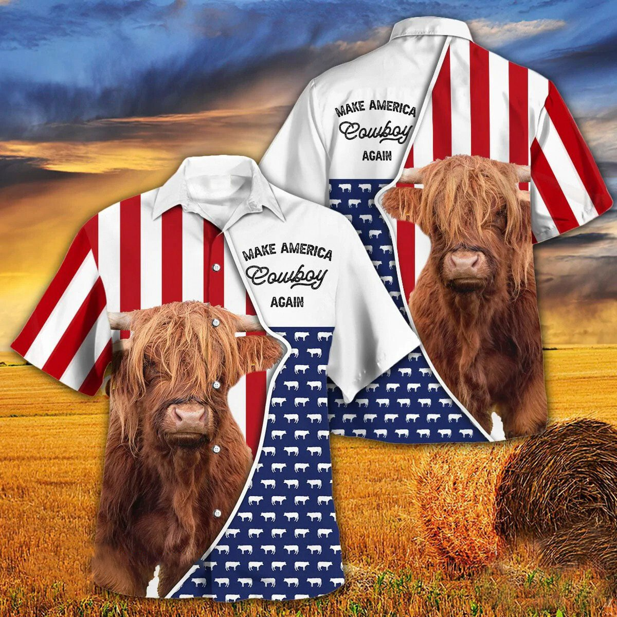 Independence Day Highland Cattle Make America Cowboy Again With American Flag Pattern Hawaii Hawaiian Shirt HO3962