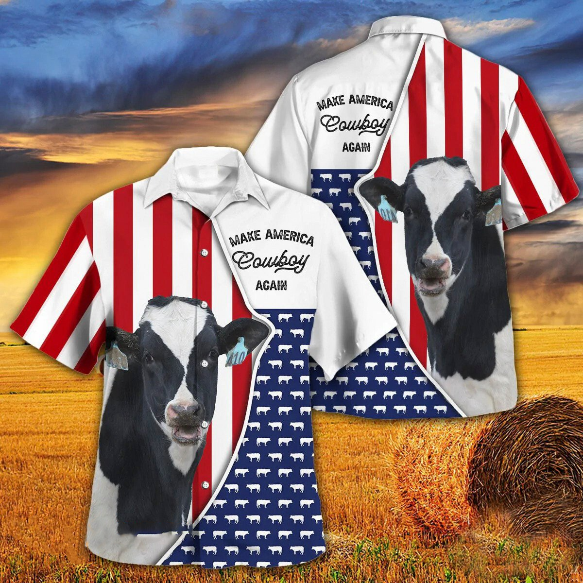 Independence Day Holstein Cattle Make America Cowboy Again With American Flag Pattern Hawaii Hawaiian Shirt HO3963