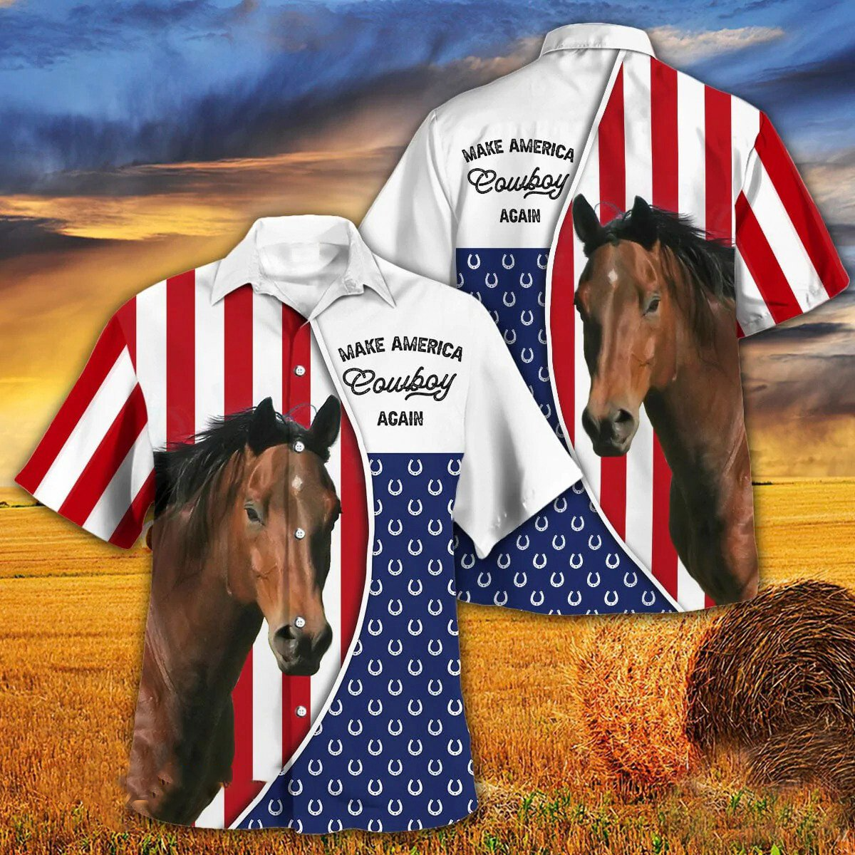 Independence Day Horse Make America Cowboy Again With American Flag Pattern Hawaii Hawaiian Shirt HO3964