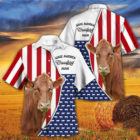 Independence Day Limousin Cattle Make America Cowboy Again With American Flag Pattern Hawaii Hawaiian Shirt HO3965