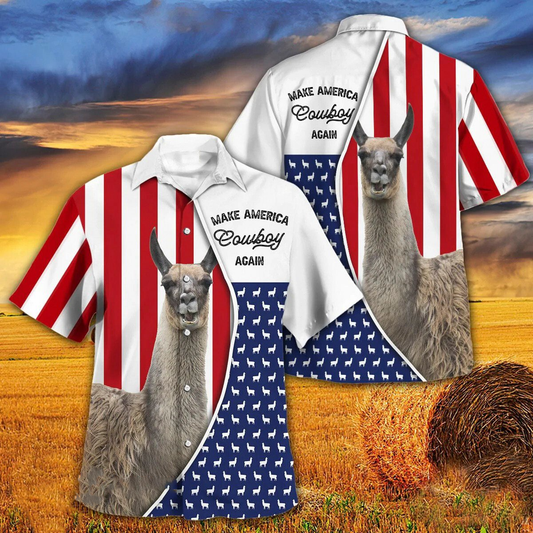 Independence Day Llama Make America Cowboy Again With American Flag Pattern Hawaii Hawaiian Shirt HO3966