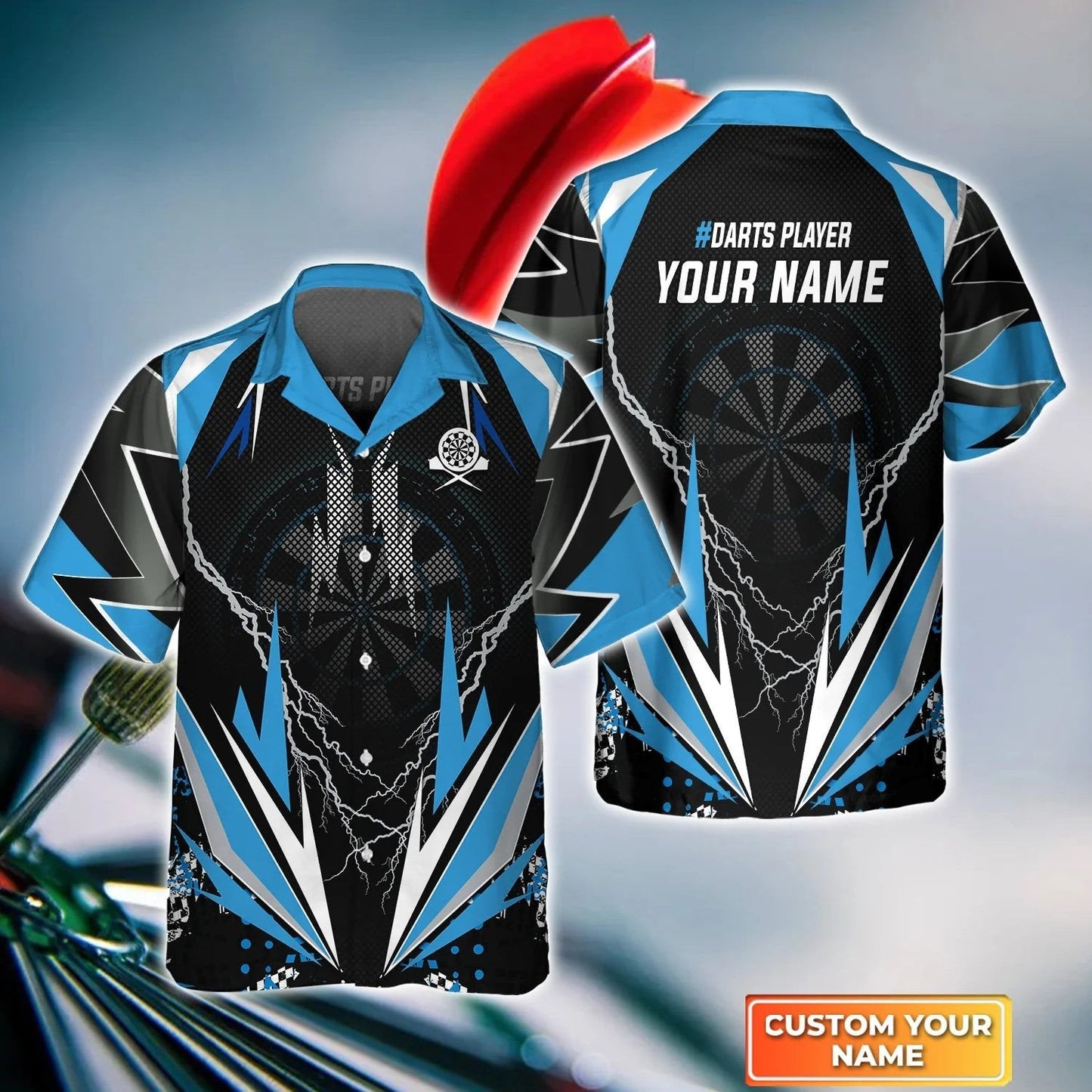 Blue Darts Thunder And Lightning Personalized Name 3D Hawaiian Shirt For Darts Player HO4180