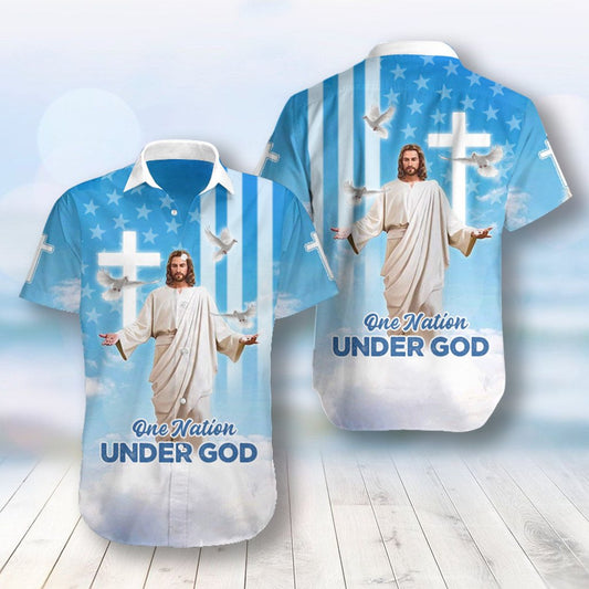 Blue One Nation Under God US Flag Jesus Independence Day July 4th Hawaiian Shirt HO3938