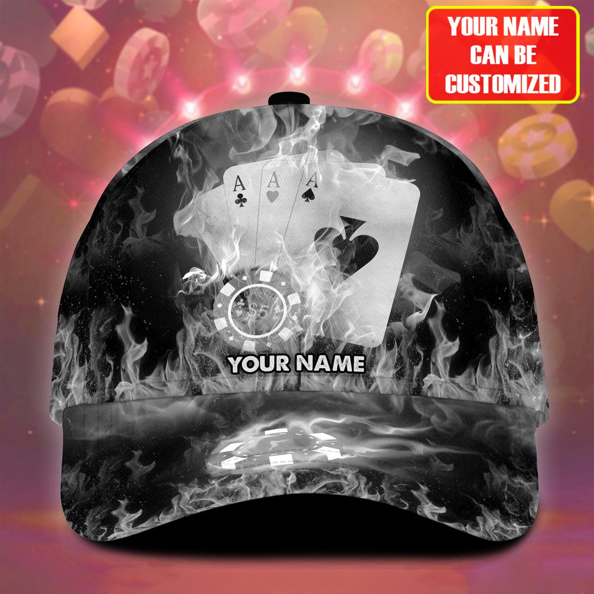 Personalized Name Multi Color Fire Poker Classic Cap, Poker On Fire Hat for Men CO0187