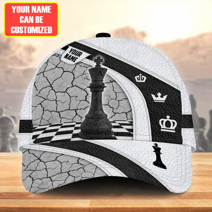 Personalized Name Leather Black and White King Chess Classic Cap, Gift for Men Love Chess CO0191