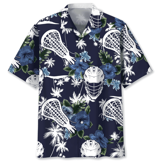 Lacrosse Shirt - Blue Lacrosse With Tropical Seamless Pattern In Black Hawaii Shirt - Gifts For Lacrosse Players HO3701