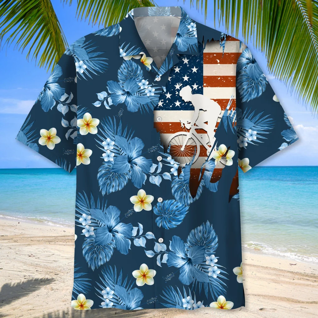 Cycling Usa Blue Tropical Hawaiian Shirt, Hawaii Shirt for Men Women, Flag Shirt HO3710