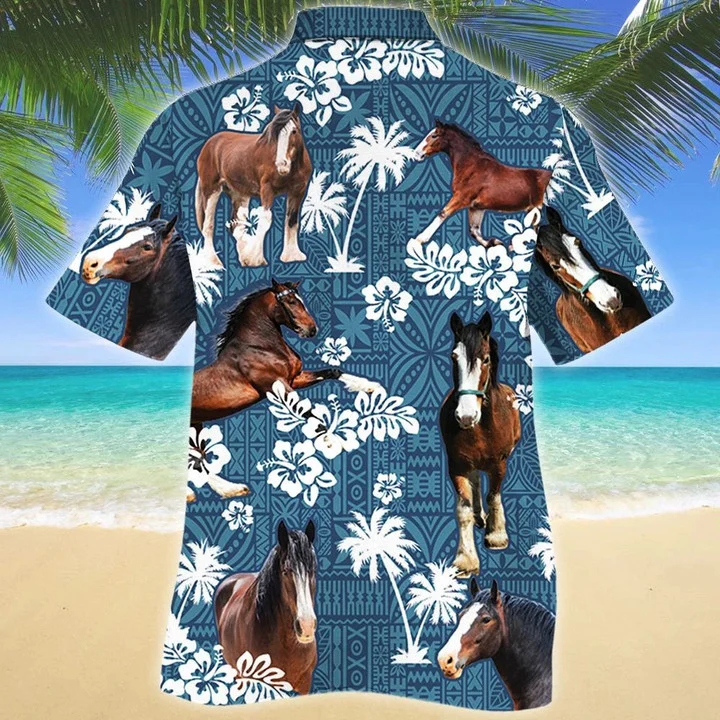 Clydesdale Horse And Hibiscus On Blue Tribal Pattern Hawaiian Shirt HO1608