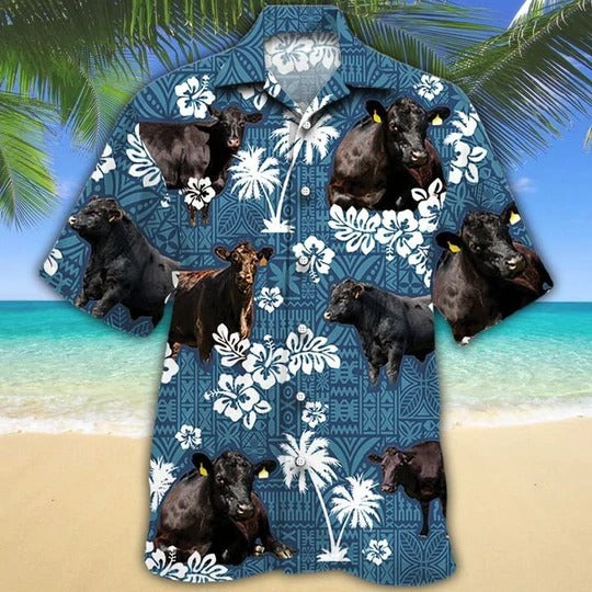 Black Angus Cattle Lovers Blue Tribal Hawaiian Shirt, Unisex Print Aloha Short Sleeve Casual Shirt HO5115