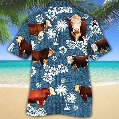 Hereford Cattle Lovers Blue Tribal Hawaiian Shirt, Unisex Print Aloha Short Sleeve Casual Shirt HO5116