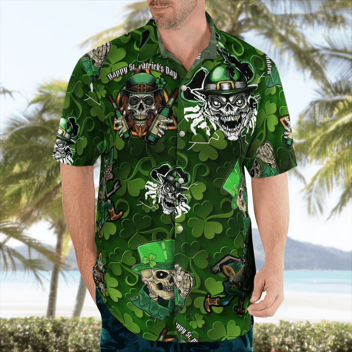 St. Patrick's Day Skulls Skeletons With Green Hat And Four Leaf Vlover Hawaii Shirt - Gift For Irish PO0065