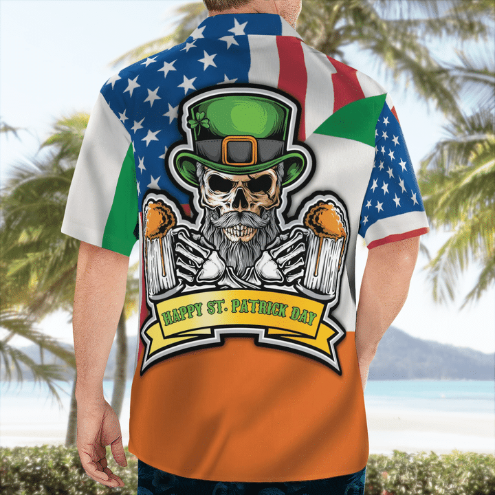 Hawaiian Aloha Shirts, American Irish Flag With Celtic Cross Drinking Skeleton Hawaii Shirt - Gift For Irish HO4453