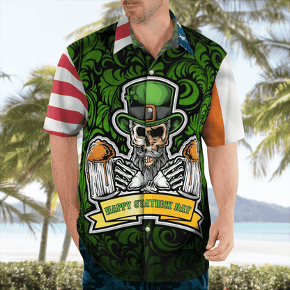 Hawaiian Aloha Shirts, American Irish Flag With Celtic Cross Drinking Skeleton Hawaii Shirt - Gift For Irish HO4453