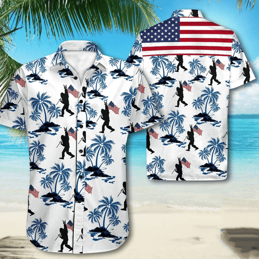 Bigfoot american flag 4th of july hawaiian shirt, Bigfoot Aloha Shirt, Amazing Bigfoot Button Up Shirt HO3433