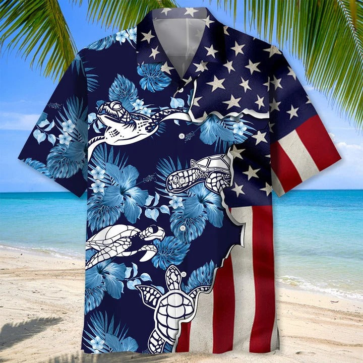 Turtle Tropical Us Flag Hawaiian Shirt, Summer Hawaii Turtle Beach Shirt, Animal Hawaiian Shirts HO4803